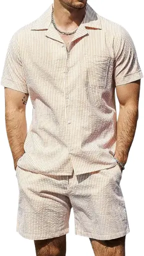 Mens Casual 2 Piece Outfits, Short Sleeve, Button Down